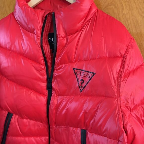 Guess Puffer Jacket Mens Medium Red Zip Pockets - Picture 2 of 5